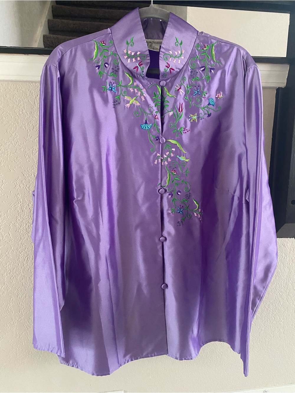 Vintage Diane Von Furstenberg Purple Silk Floral and Bird Embroidered Blouse